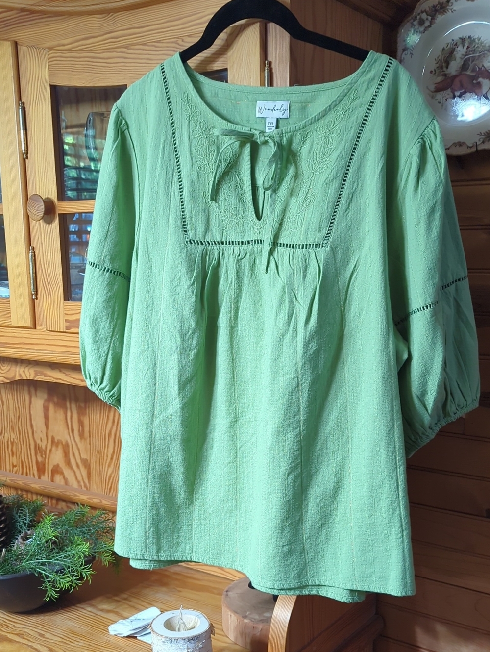 Wonderly Green Embroidered Peasant Blouse